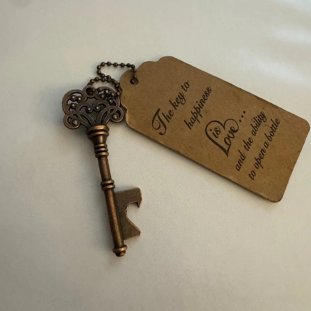Key To Happiness Bottle Opener Favor Tag Wedding‎ Bronze Party Decor